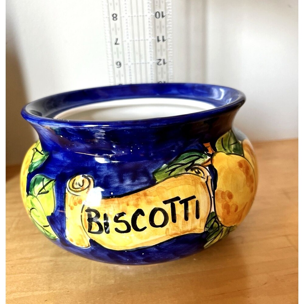 Vintage Ceramic Italian Hand-painted Biscotti Jar Blue & Yellow Lemons Cookie - Picture 7 of 7